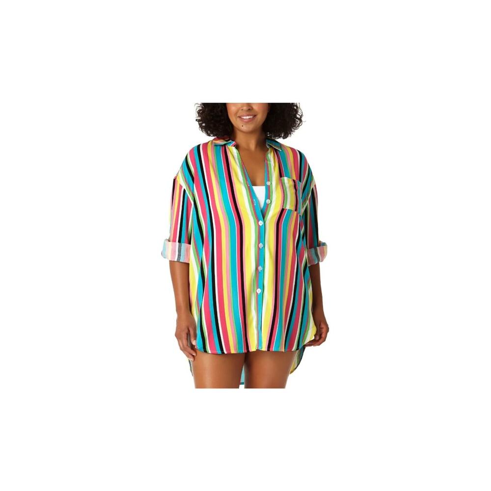 Anne Cole Plus Size  Button-Down Shirt Cover-up, Multi Stripe 18/20 12033